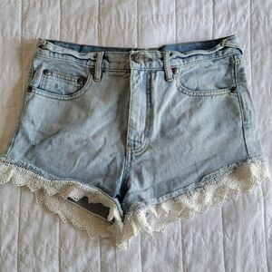 Free People Light Blue Denim High-Waist Lace Trim Shorts